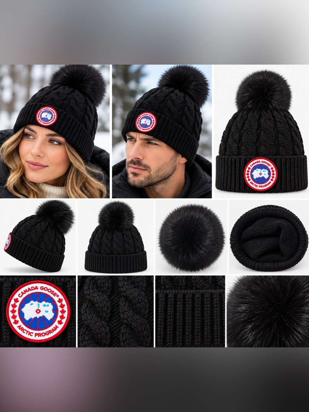 Canada Goose Arctic Cable Knit Pom Beanie Fleece Lined Winter Hat MSRP $225